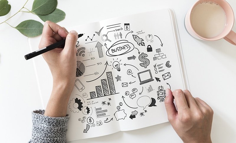 A plain paper notebook with someone drawing a business flow diagram