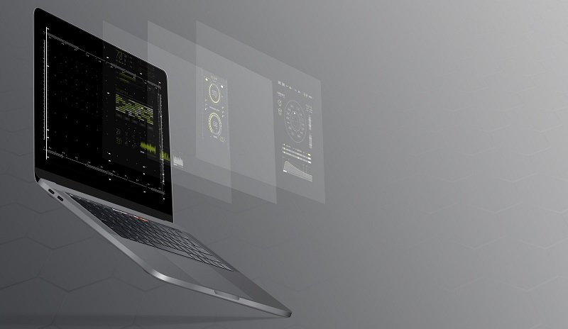 A very modern laptop with layered screens in 3D effect