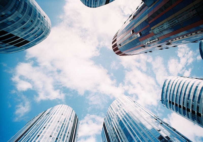 Skyward view of modern glass skyscrapers