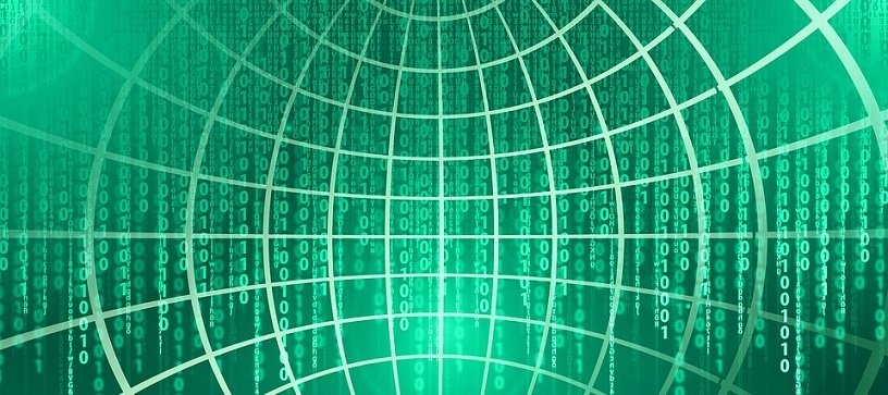 Green binary code viewed from inside a wireframe globe